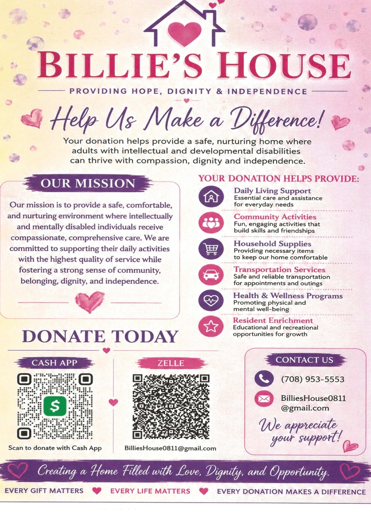 Billie's House donation flyer with Cash App and Zelle details