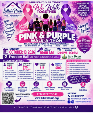 Pink and Purple Walk-A-Thon registration flyer with QR code for October 10, 2026 at Park Forest Freedom Hall
